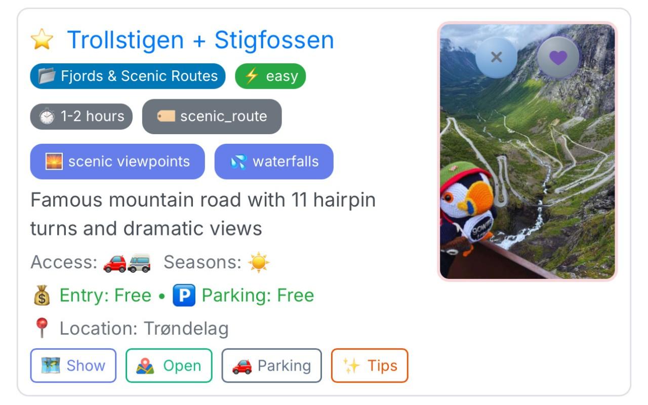 Verified Norway place card in Gowme with travel details for Trollstigen