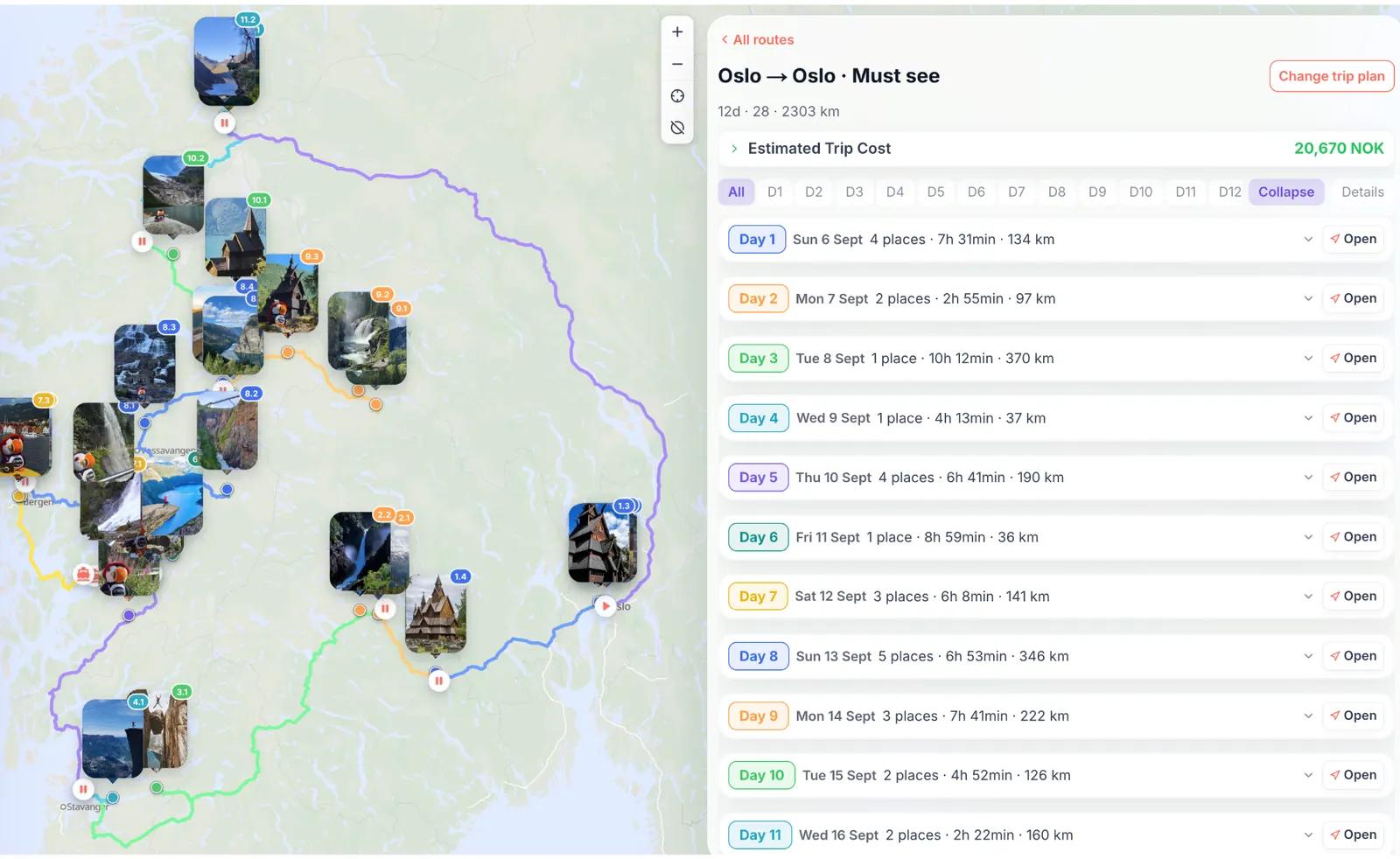 Gowme Norway trip planner showing map pins and a day-by-day route itinerary